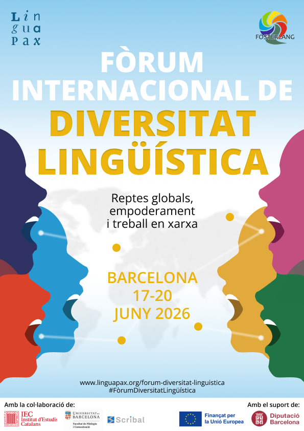Su pòster de su fòrum de diversidade lingüìstica, cun su testu «Reptes globals, empoderament i treball en xarxa».
