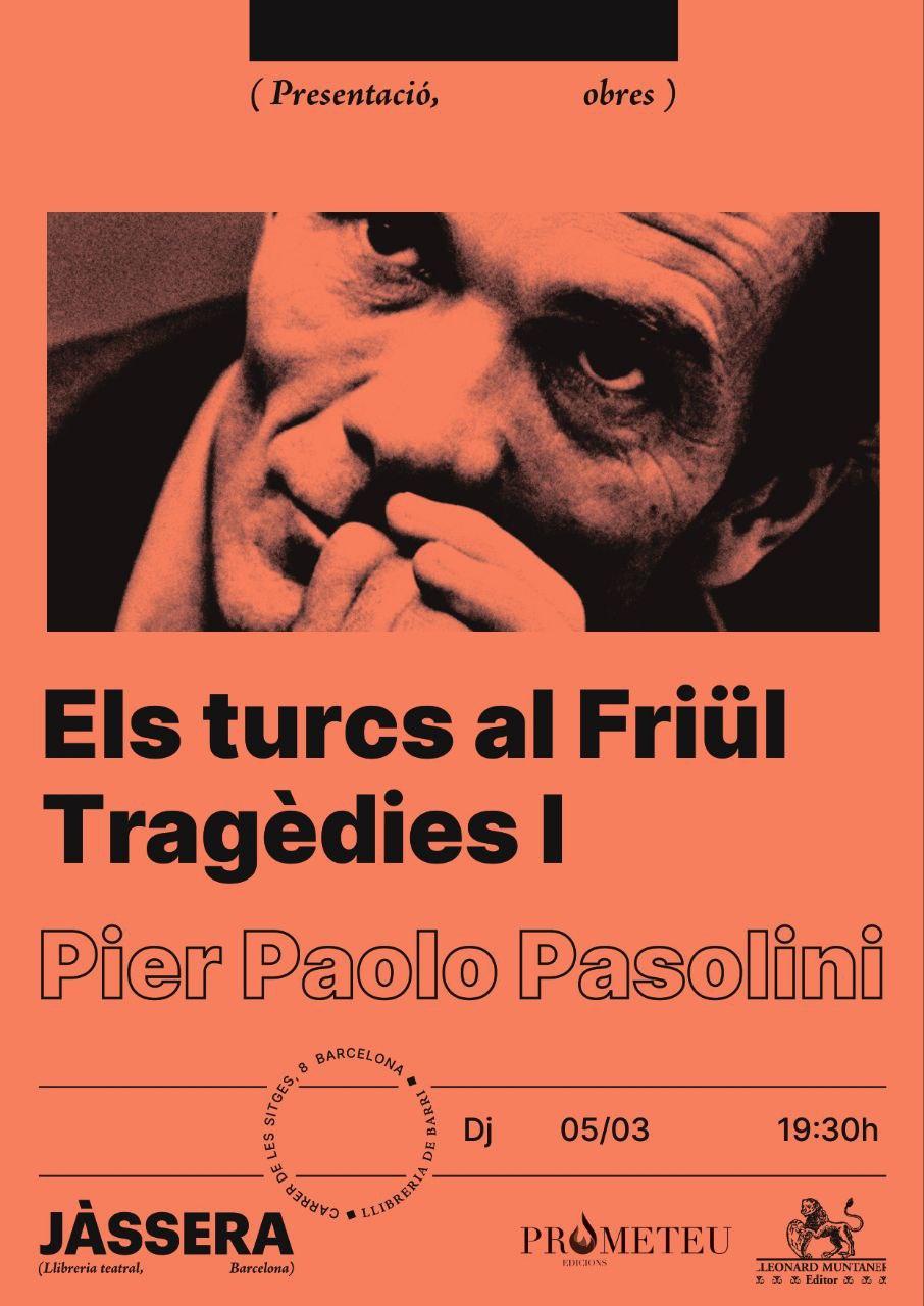 Cartell de l'acte, amb una fotografia de Pasolini mirant amunt.