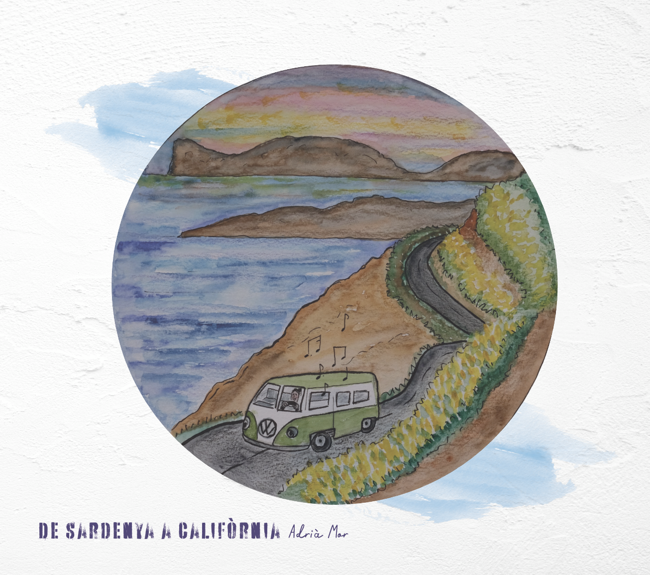 Portada del disc 'De Sardenya a Califòrnia' d'Adrià Mor, un dibuix amb aquarel·la d'una furgoneta entre la muntanya i el mar, amb el Cap de Caça de l'Alguer al fons.